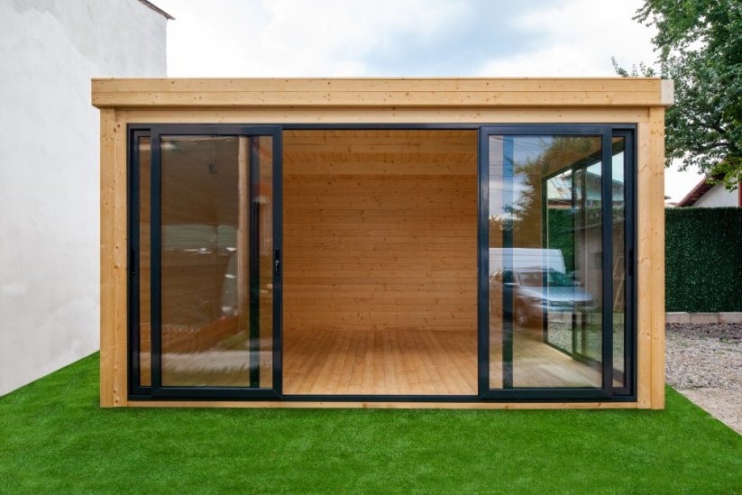 Dvoje terasové dveře LowE zahradního domku Cleo 4×3 m, prémiový zahradní domek