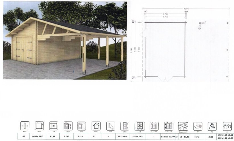 Dřevěná garáž 8x5,5 m s přístřeškem