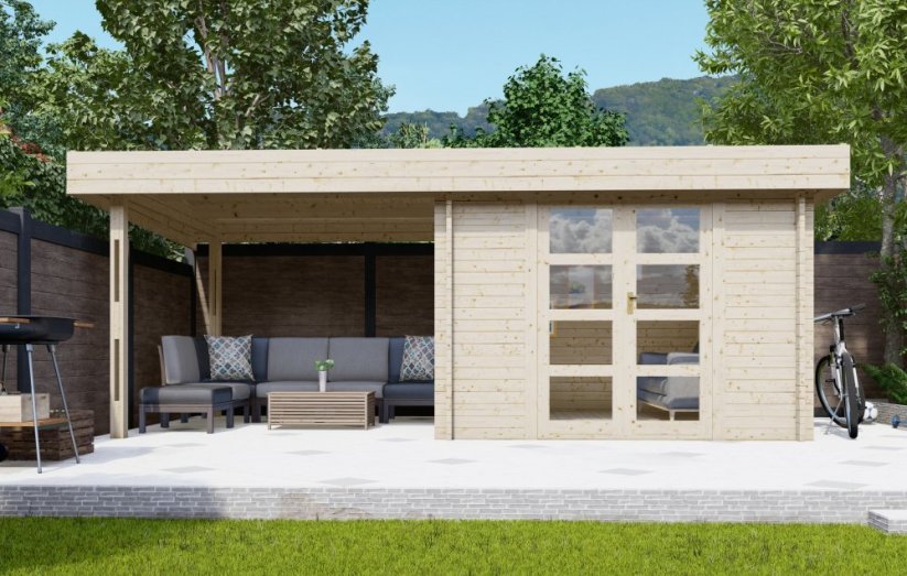 Zahradní domek Janus s terasou celkem 6×3 m — moderní chatka na zahradu