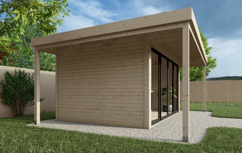 Zahradní domek Merkur 4×3 m z boku - přesah střechy, dřevěné sloupy
