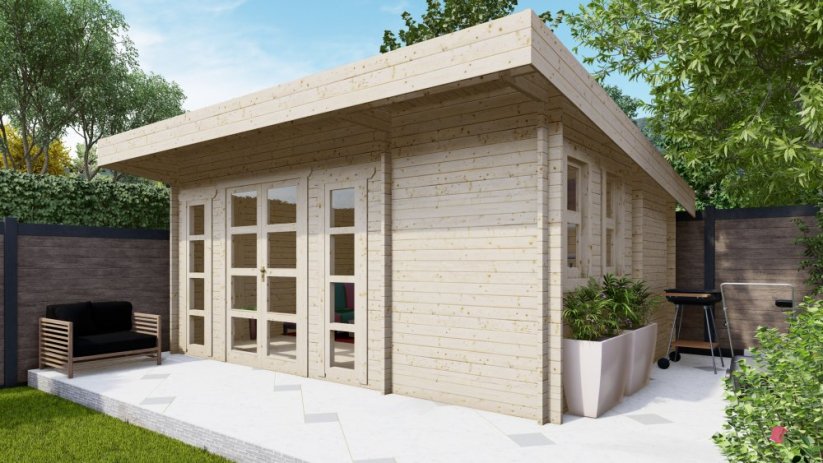 Dřevěná chata Artemis 5,5×4 m — pultová střecha, moderní domek